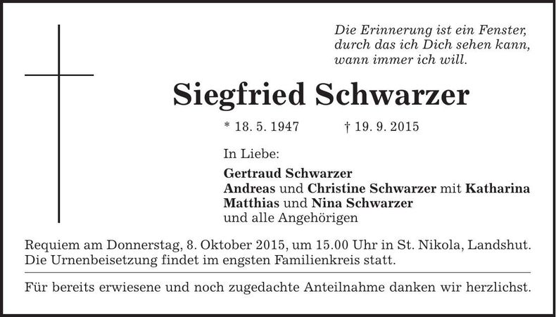 Traueranzeige Siegfried Schwarzer