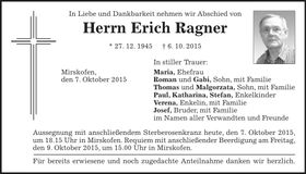 Traueranzeige Erich Ragner