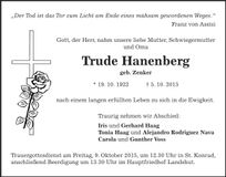 Traueranzeige Trude Hanenberg