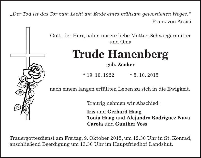 Traueranzeige Trude Hanenberg