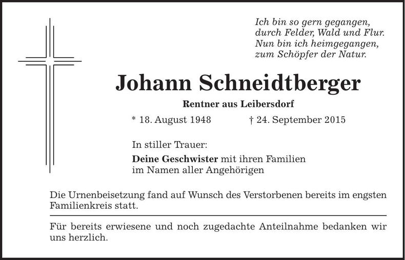 Traueranzeige Johann Schneidtberger