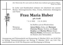 Traueranzeige Maria Huber