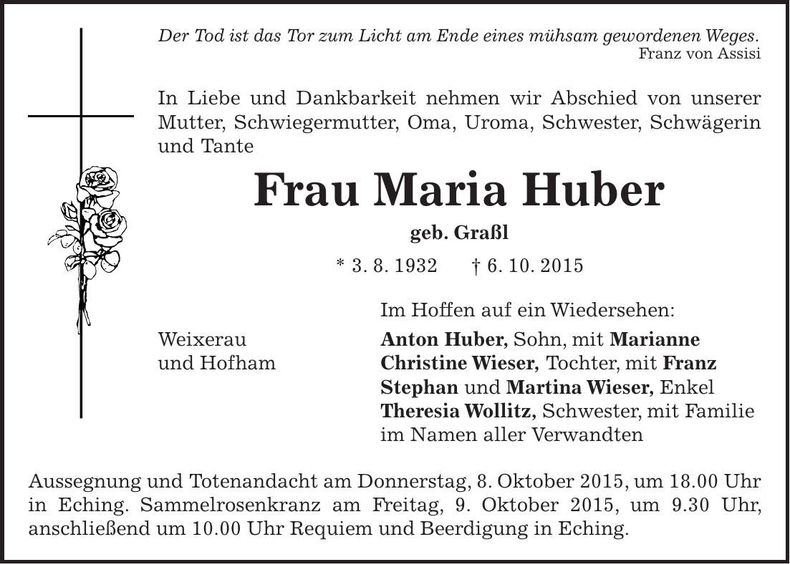 Traueranzeige Maria Huber