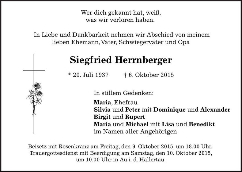 Traueranzeige Siegfried Herrnberger