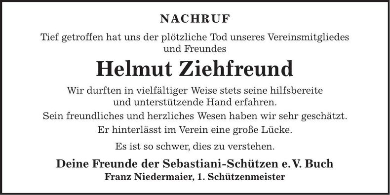 Traueranzeige Helmut Ziehfreund