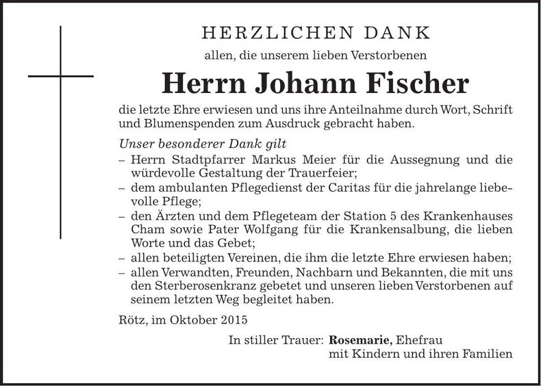 Traueranzeige Johann Fischer