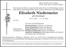 Traueranzeige Elisabeth Niedermeier