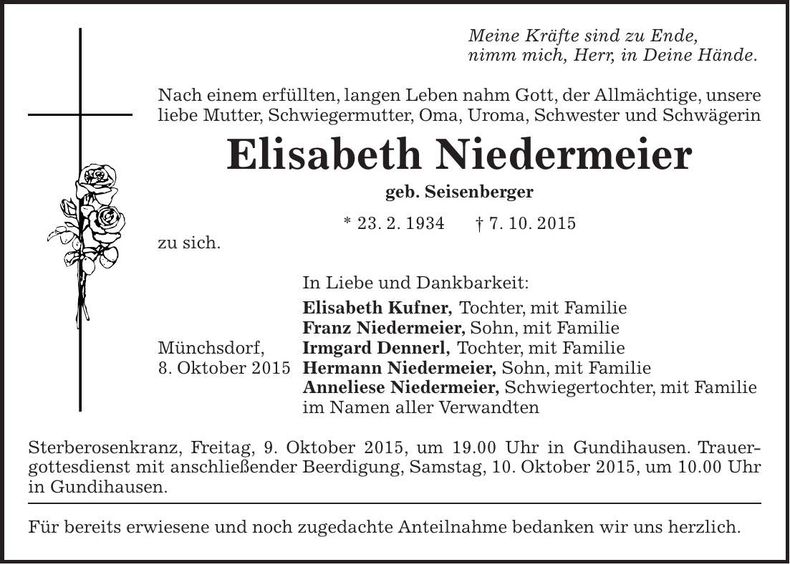 Traueranzeige Elisabeth Niedermeier