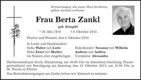 Traueranzeige Berta Zankl