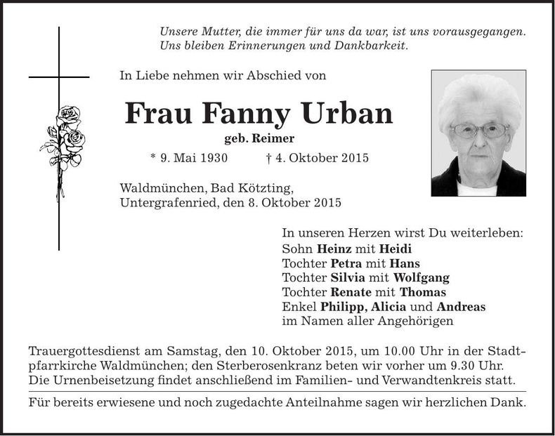 Traueranzeige Fanny Urban