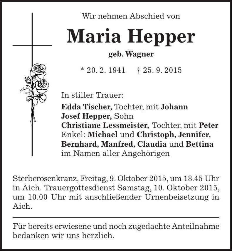 Traueranzeige Maria Hepper