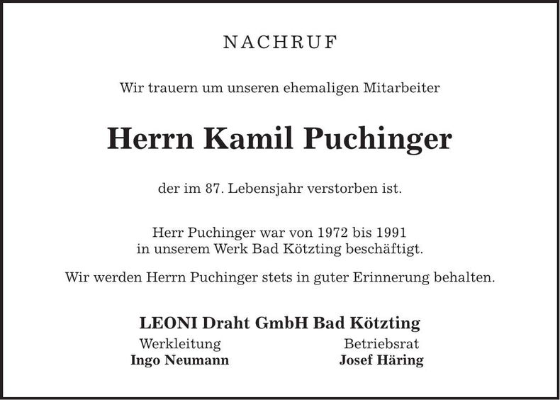 Traueranzeige Kamil Puchinger