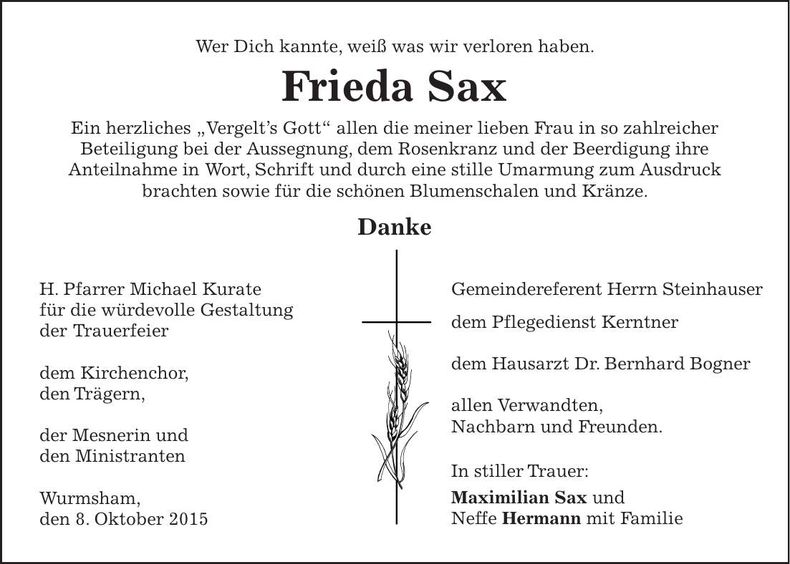 Traueranzeige Frieda Sax
