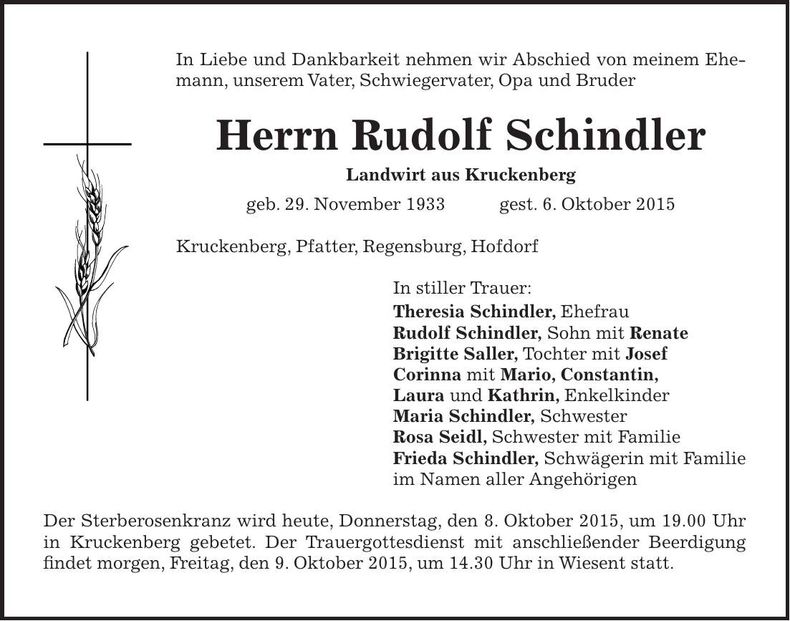 Traueranzeige Rudolf Schindler