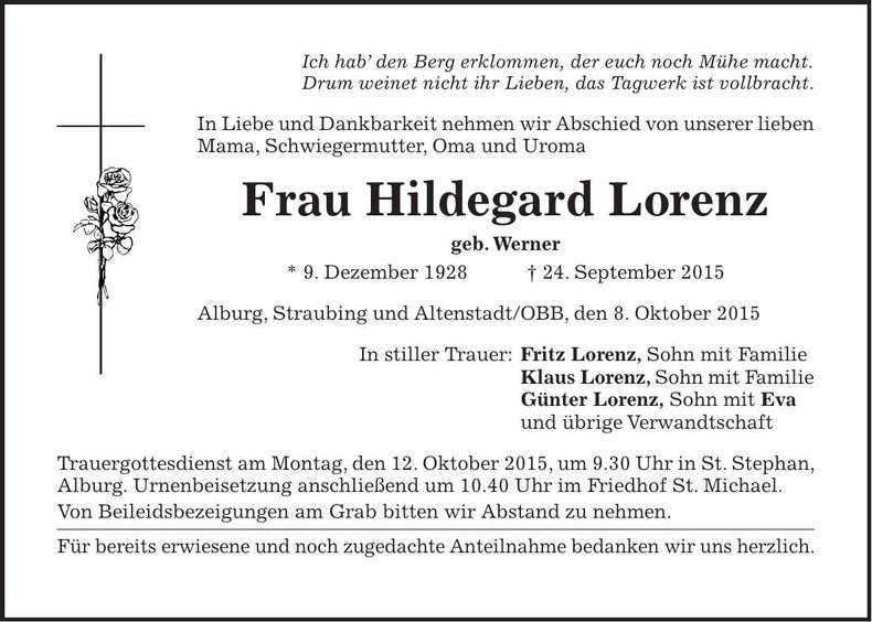 Traueranzeige Hildegard Lorenz