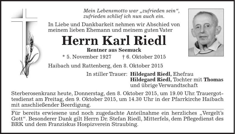 Traueranzeige Karl Riedl