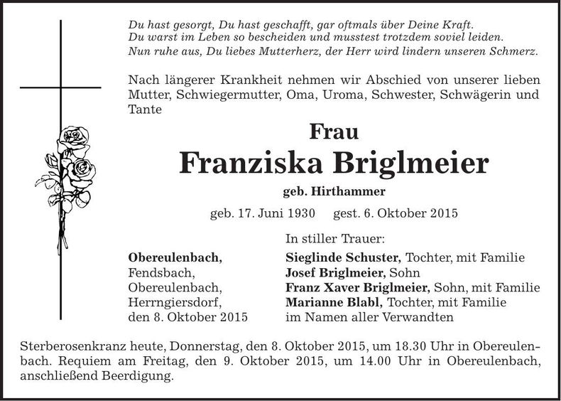 Traueranzeige Franziska Briglmeier