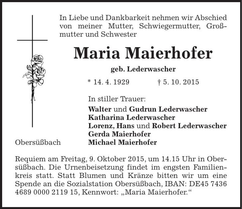 Traueranzeige Maria Maierhofer