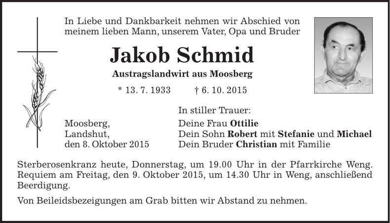 Traueranzeige Jakob Schmid