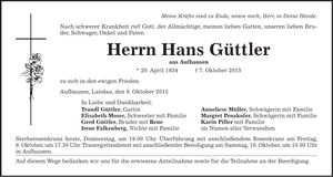 Traueranzeige Hans Güttler