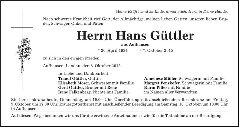 Traueranzeige Hans Güttler