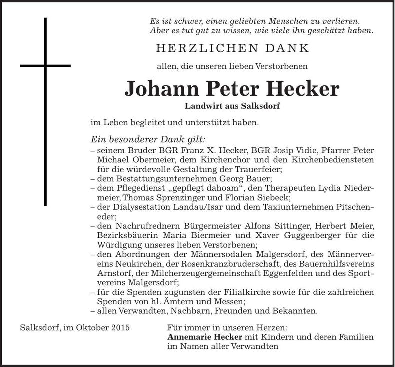 Traueranzeige Johann Peter Hecker