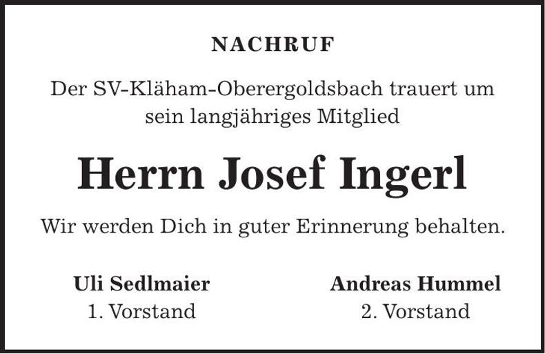 Traueranzeige Josef Ingerl