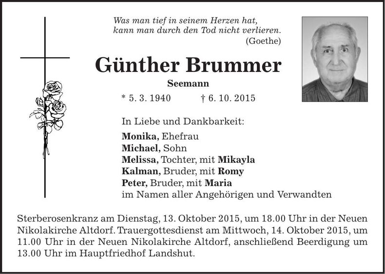 Traueranzeige Günther Brummer