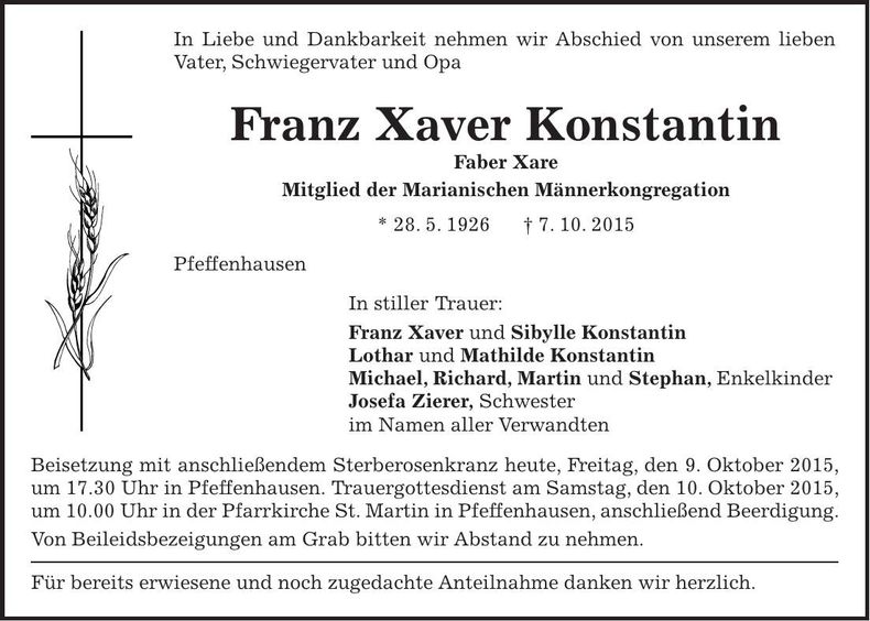 Traueranzeige Franz Xaver Konstantin