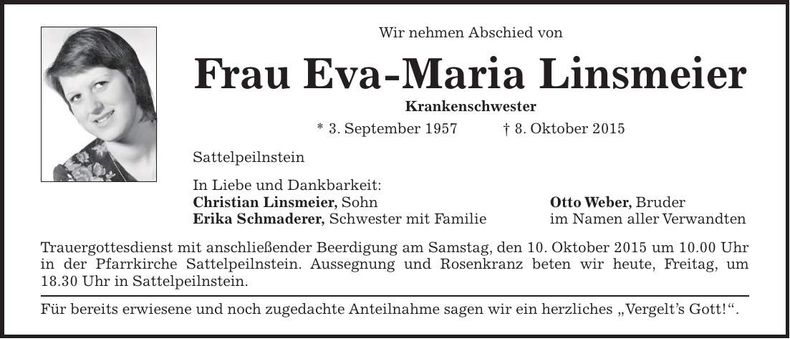 Traueranzeige Eva-Maria Linsmeier
