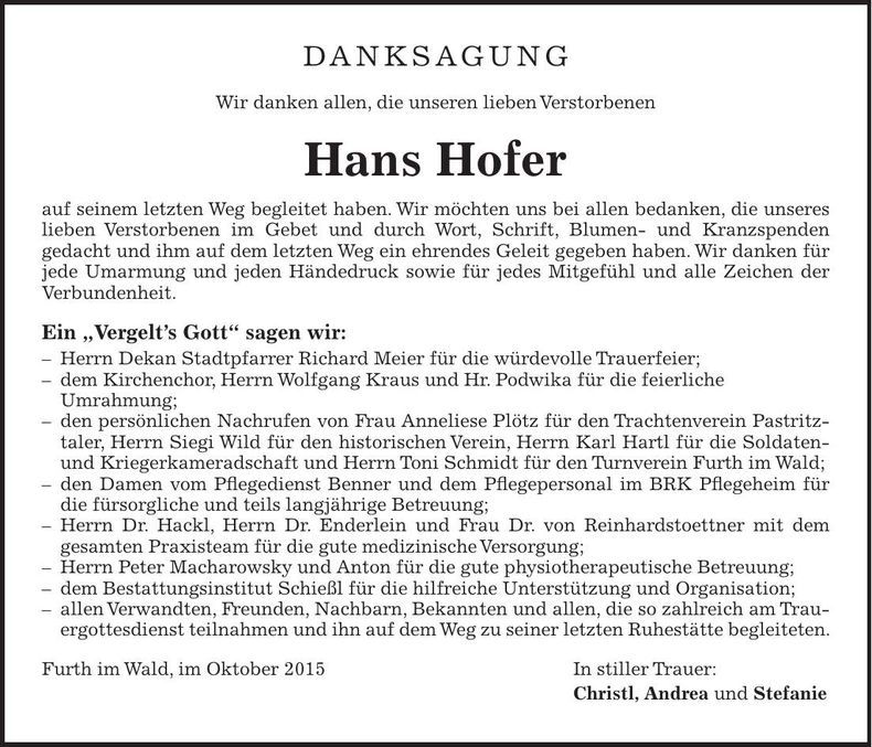 Traueranzeige Hans Hofer