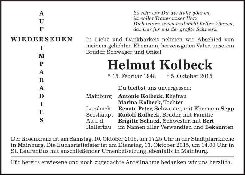 Traueranzeige Helmut Kolbeck