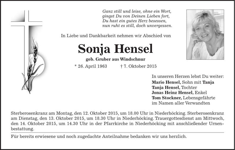 Traueranzeige Sonja Hensel