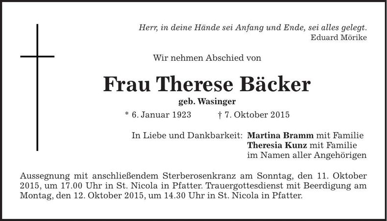 Traueranzeige Therese Bäcker