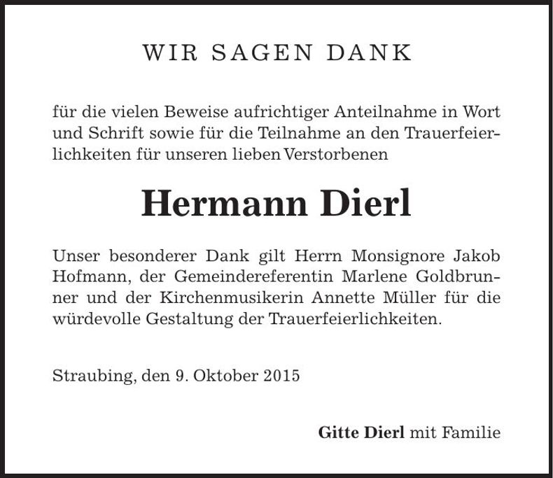 Traueranzeige Hermann Dierl