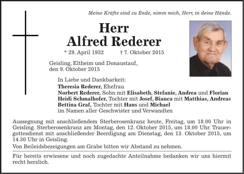 Traueranzeige Alfred Rederer