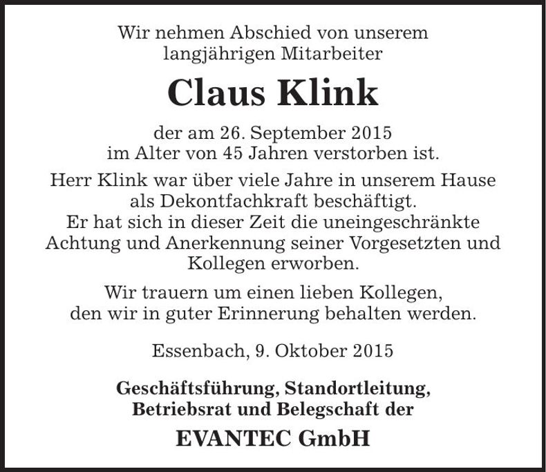 Traueranzeige Claus Klink