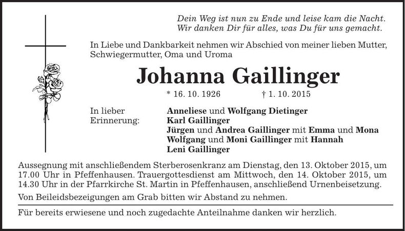 Traueranzeige Johanna Gaillinger