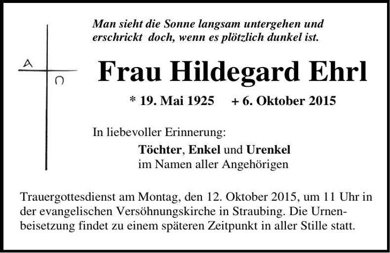 Traueranzeige Hildegard Ehrl