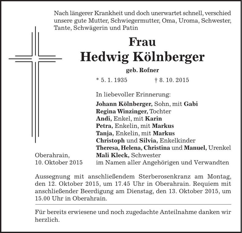 Traueranzeige Hedwig Kölnberger