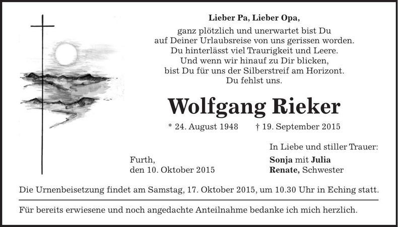 Traueranzeige Wolfgang Riecker