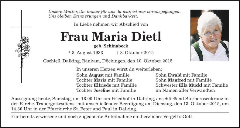 Traueranzeige Maria Dietl