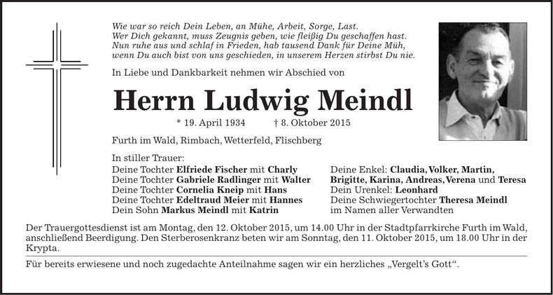 Traueranzeige Ludwig Meindl
