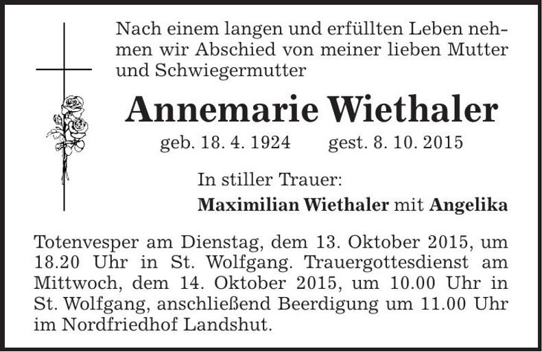 Traueranzeige Annemarie Wiethaler