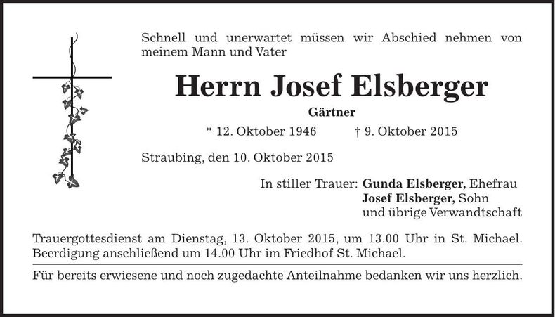 Traueranzeige Josef Elsberger