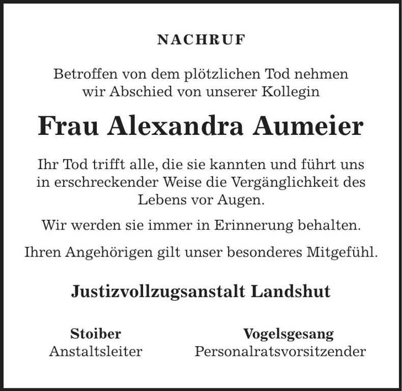 Traueranzeige Alexandra Aumeier