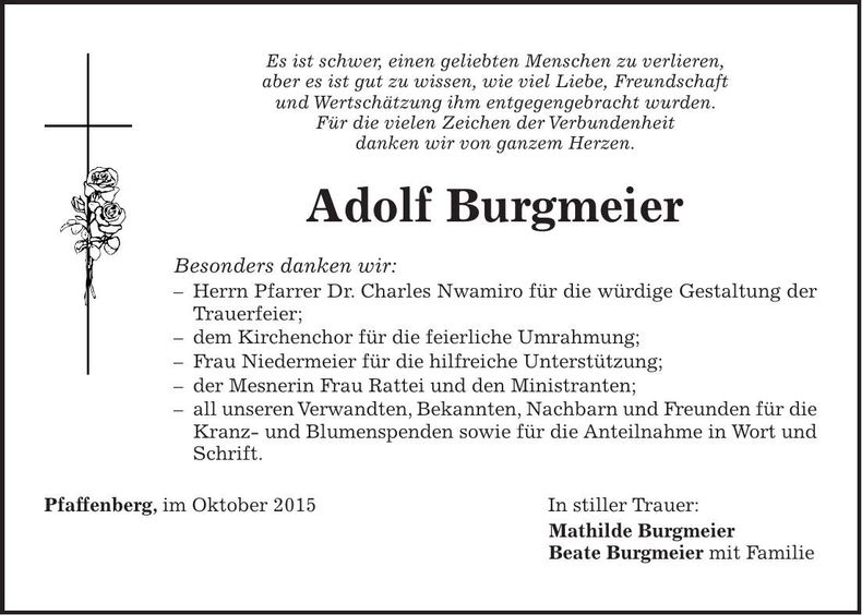 Traueranzeige Adolf Burgmeier