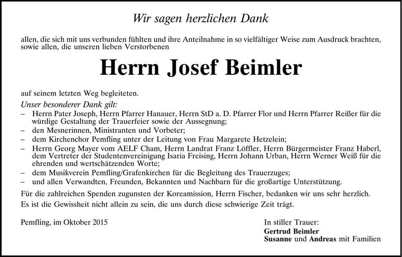 Traueranzeige Josef Beimler