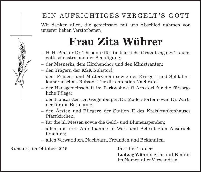 Traueranzeige Zita Wührer