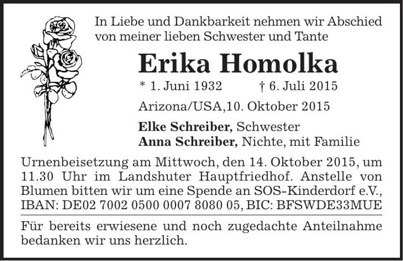 Traueranzeige Erika Homolka